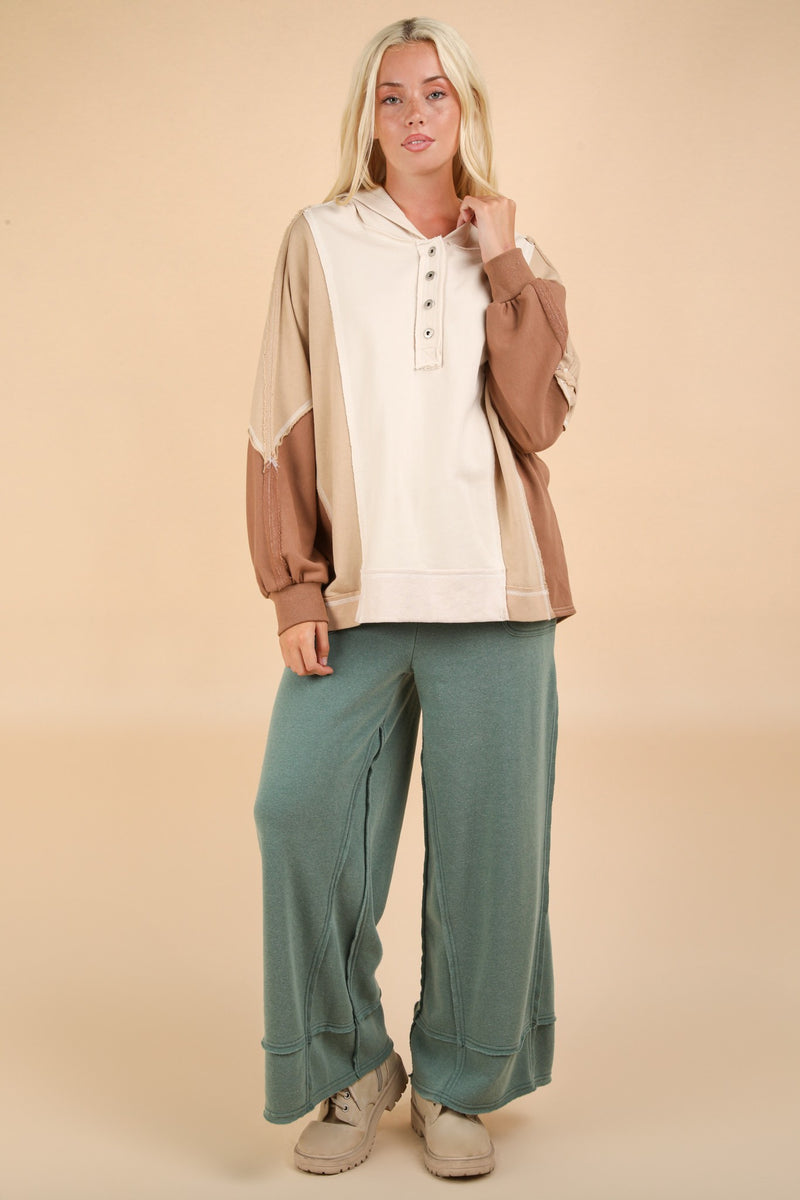 VERY J Exposed Seam Color Block Half Button Hoodie - Brittney MADE