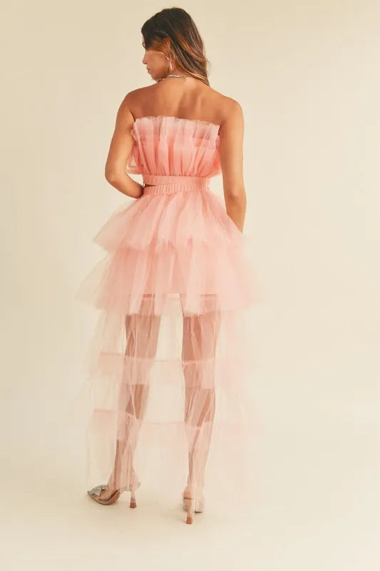 MABLE Tulle Tube Ruffle Crop Top and High Low Maxi Skirt Set - Brittney MADE