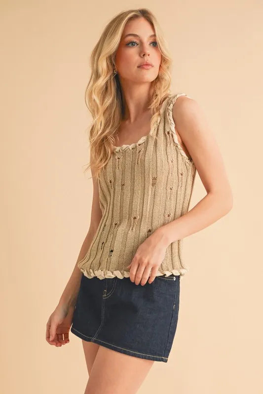 Aemi+Co Distressed Detail Round Neck Knit Tank - Brittney MADE