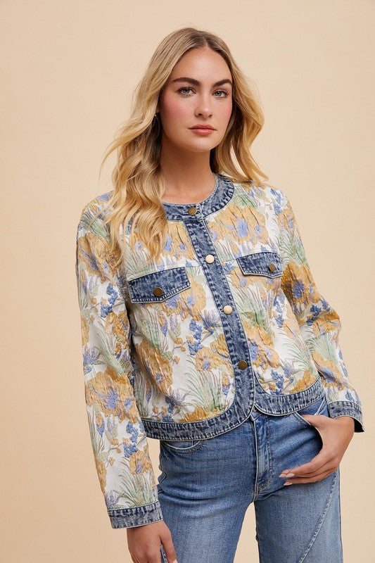 Annie Wear Floral Jacquard Denim Contrast Button Down Jacket - Brittney MADE