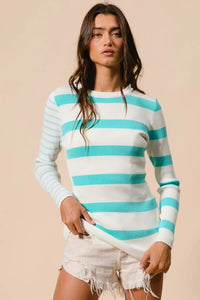 BiBi Contrast Striped Asymmetrical Hem Knit Top - Brittney MADE
