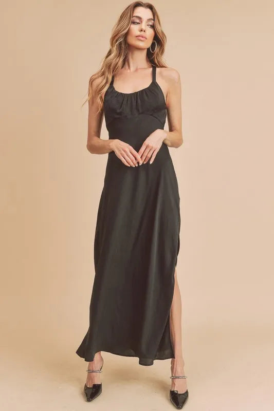 Aemi + Co Ruched Side Slit Cutout Back Maxi Cami Dress - Brittney MADE