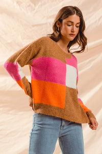 SO ME Multi Color Block Checkered Sweater Top - Brittney MADE