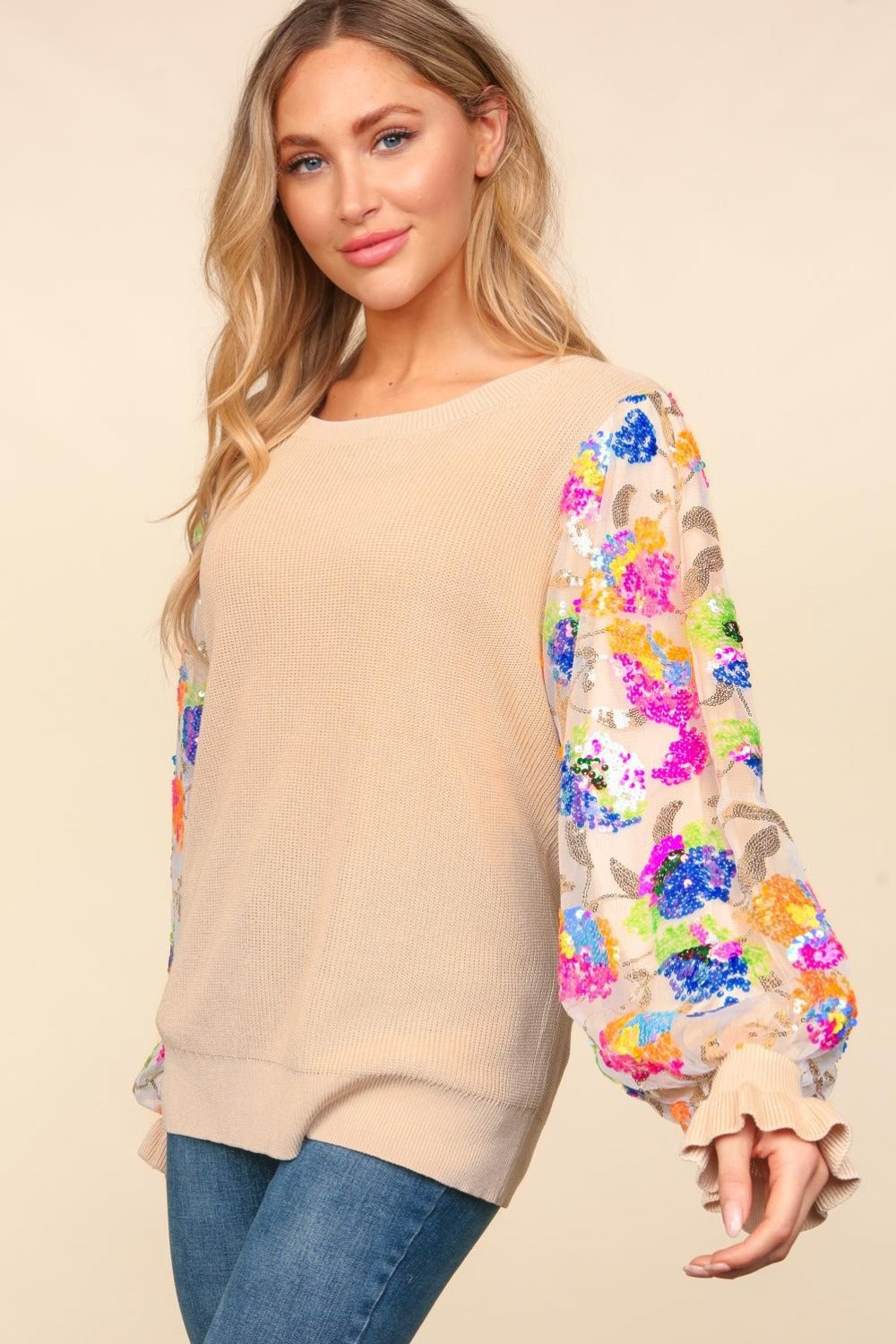 Haptics Floral Sequins Mesh Flounce Sleeve Sweater - Brittney MADE