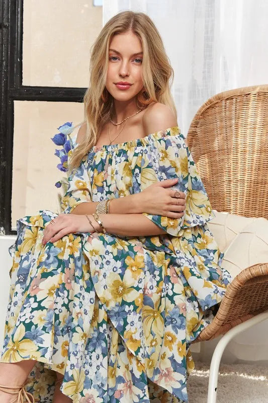 ADORA Layered Floral Off-Shoulder Short Sleeve Maxi Dress - Brittney MADE