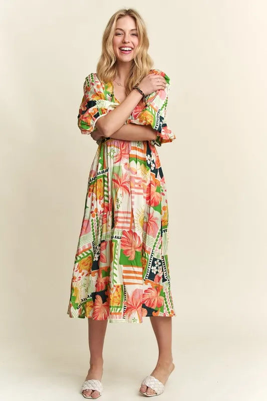 ADORA Floral V-Neck Puff Sleeve Midi Dress - Brittney MADE