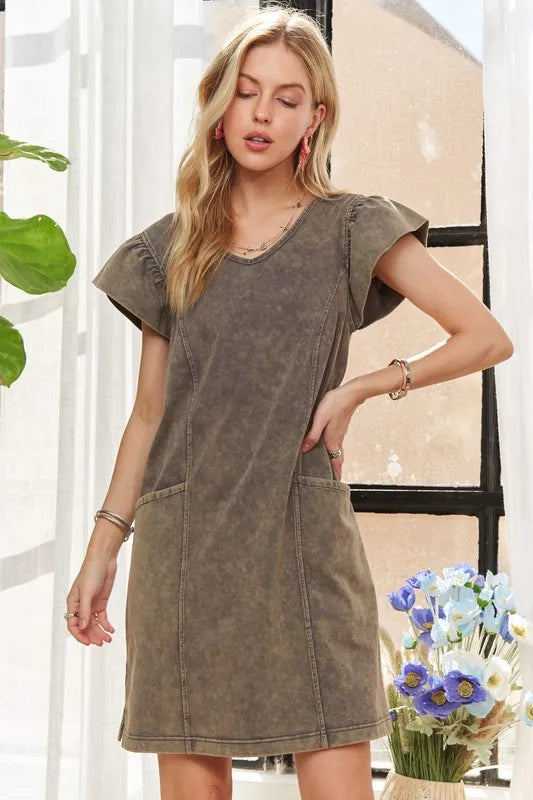 ADORA Mineral Washed V-Neck Ruffled Cap Sleeve Dress - Brittney MADE