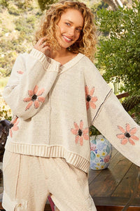 POL V-Neck Floral Pattern Chenille Sweater - Brittney MADE