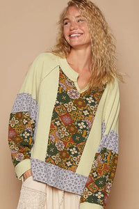 POL Exposed Seam Printed Notched Raglan Sleeve Knit Top - Brittney MADE