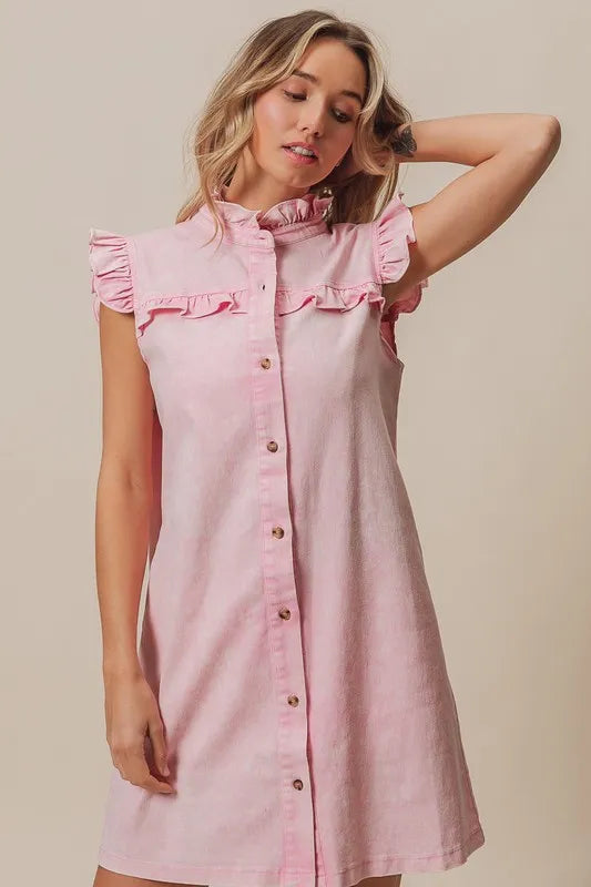BiBi Washed Button Down Ruffled Cap Sleeve Denim Dress - Brittney MADE