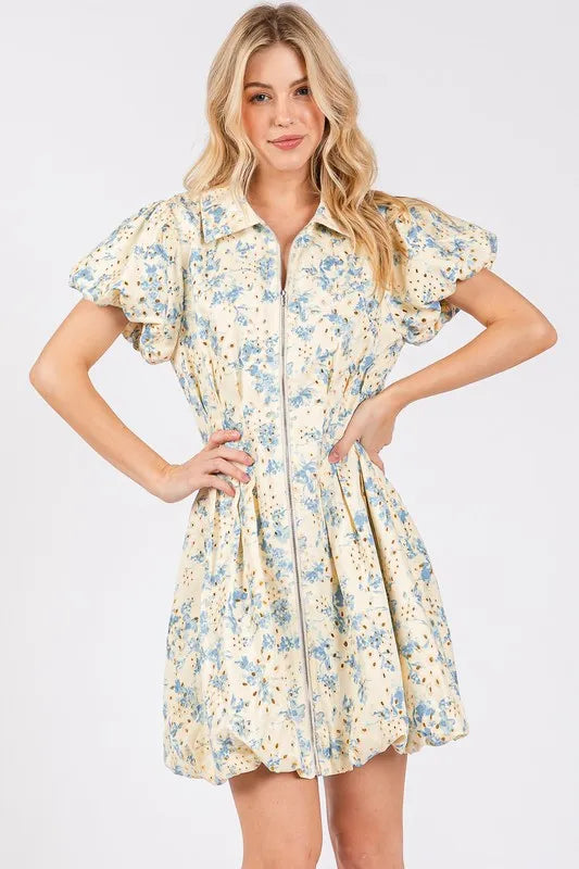GeeGee Floral Eyelet Zipper Front Puff Sleeve Mini Dress - Brittney MADE