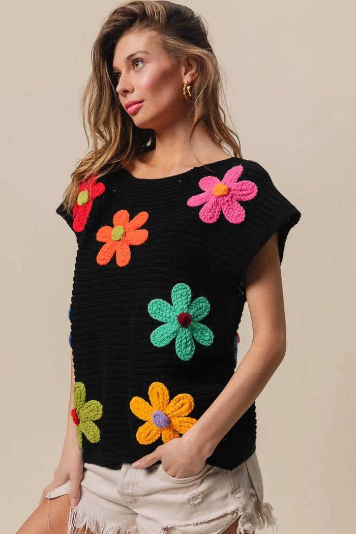 BiBi Flower Round Neck Cap Sleeve Knit Top - Brittney MADE