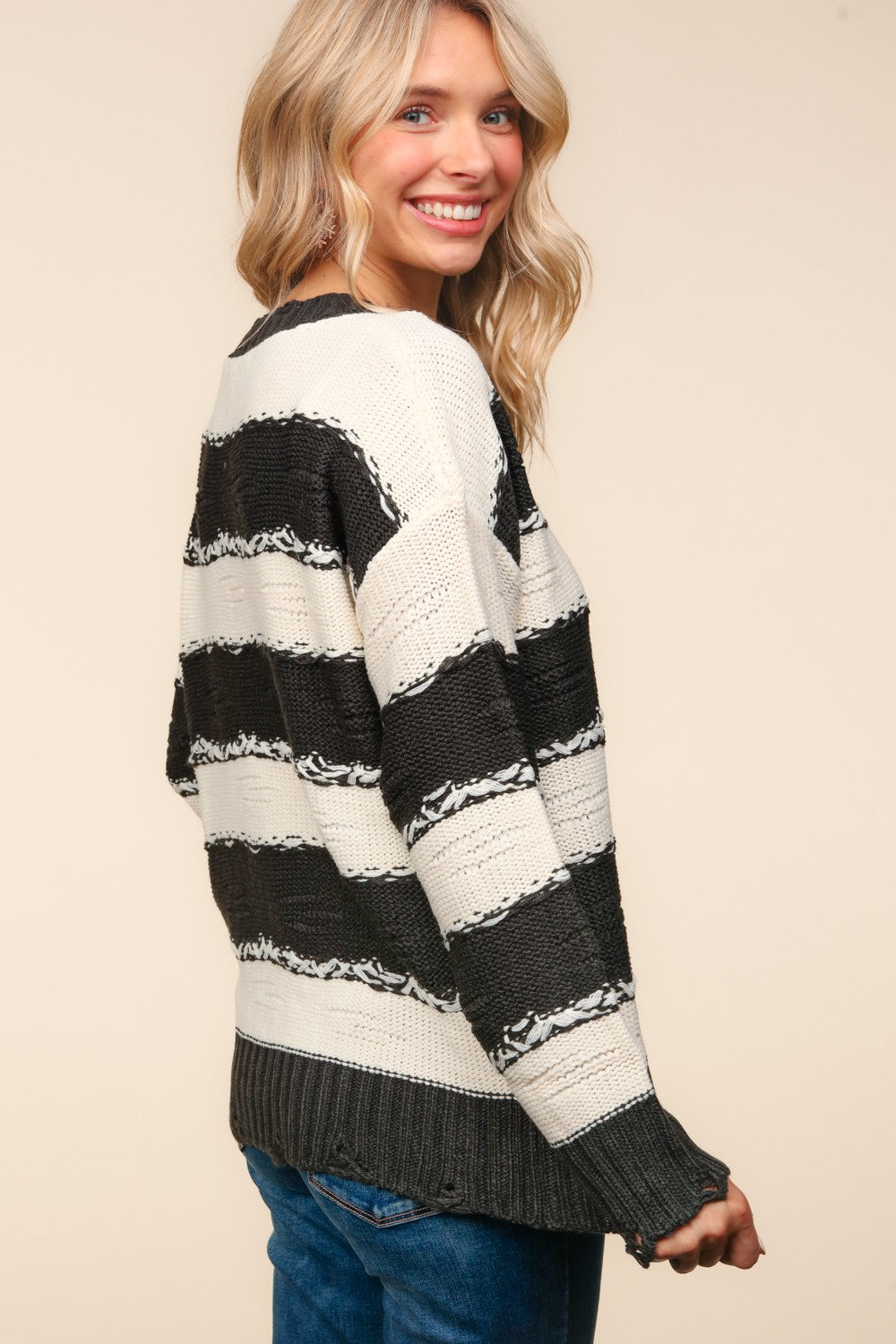 Haptics Striped Contrast Distressed Sweater - Brittney MADE