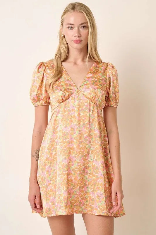 Mittoshop Printed V-Neck Puff Sleeve Mini Dress - Brittney MADE