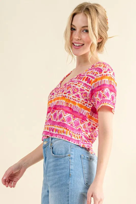 And The Why Printed V Neck Cropped T-Shirt - Brittney MADE