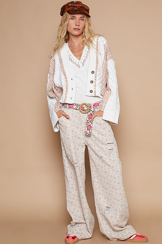 POL Cable-Knit Plaid V-Neck Button Up Cardigan - Brittney MADE