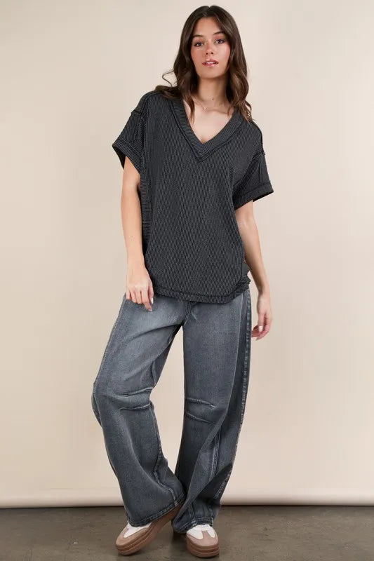 VERY J Plus Size Soft Two Tone Casual Comfy Ribbed Knit Top - Brittney MADE