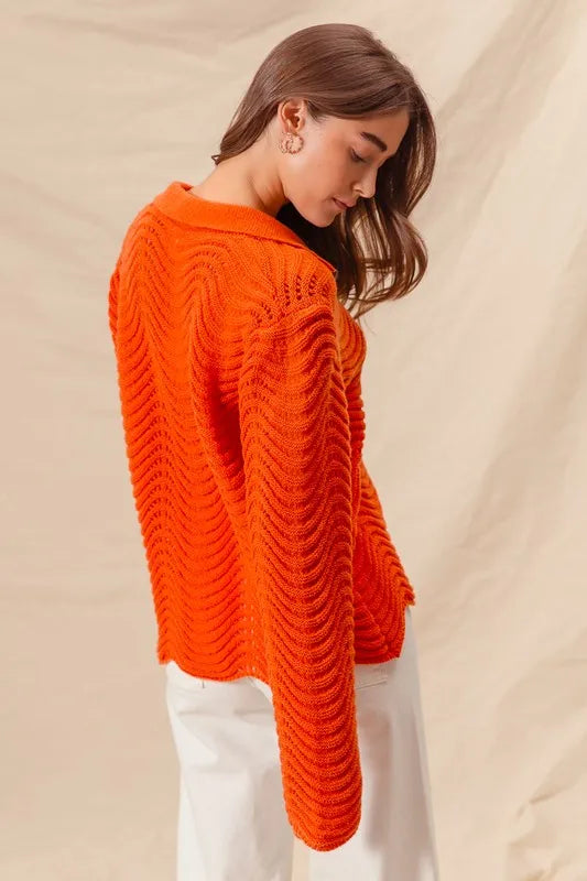 SO ME Notched Collar Wavy Texture Sweater Top - Brittney MADE