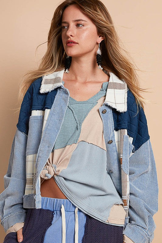 POL Corduroy Jacquard Patchwork Button Up Jacket - Brittney MADE