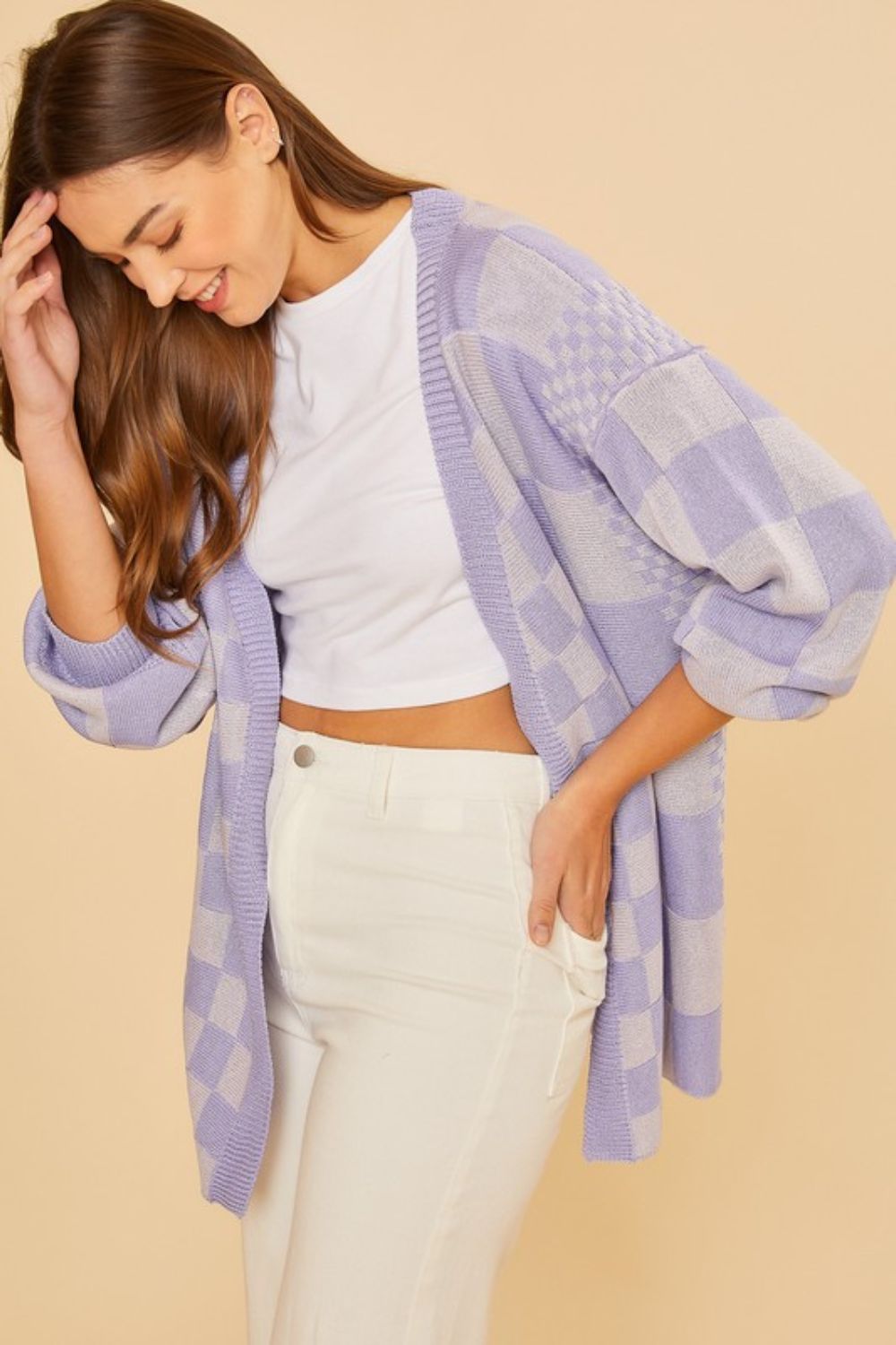 Annie Wear Checkered Open Front Drop Shoulder Cardigan - Brittney MADE