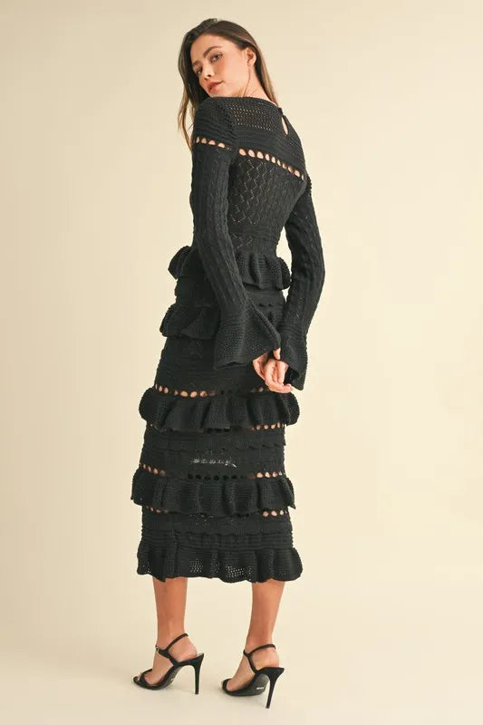 MABLE Long Sleeve Tiered Ruffle Knit Midi Dress - Brittney MADE