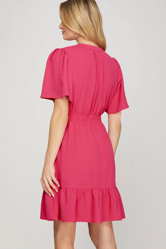 She + Sky Ruffled Hem Notched Flutter Sleeve Mini Dress - Brittney MADE