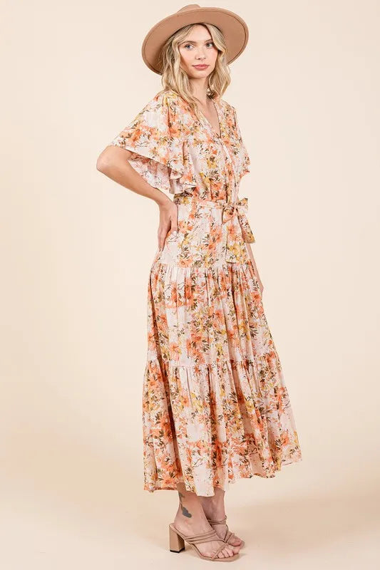 Mittoshop Floral Tie Waist Flutter Sleeve Tiered Dress - Brittney MADE