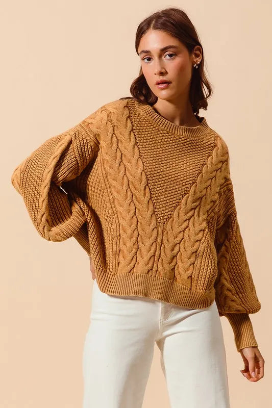 SO ME Mineral Washed Loose Fit Textured Cable Sweater - Brittney MADE