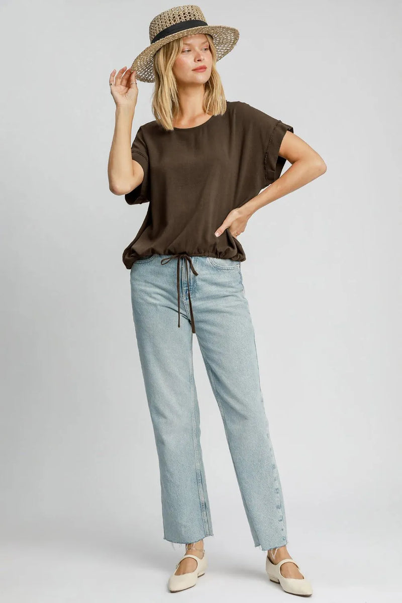 Umgee Drawstring Hem Round Neck Short Sleeve T-Shirt - Brittney MADE