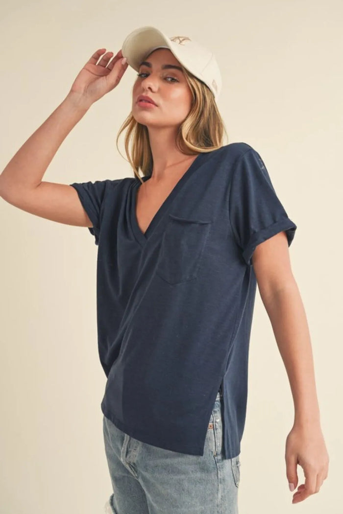 Aemi + Co Side Slit V-Neck Short Rolled Sleeve T-Shirt - Brittney MADE