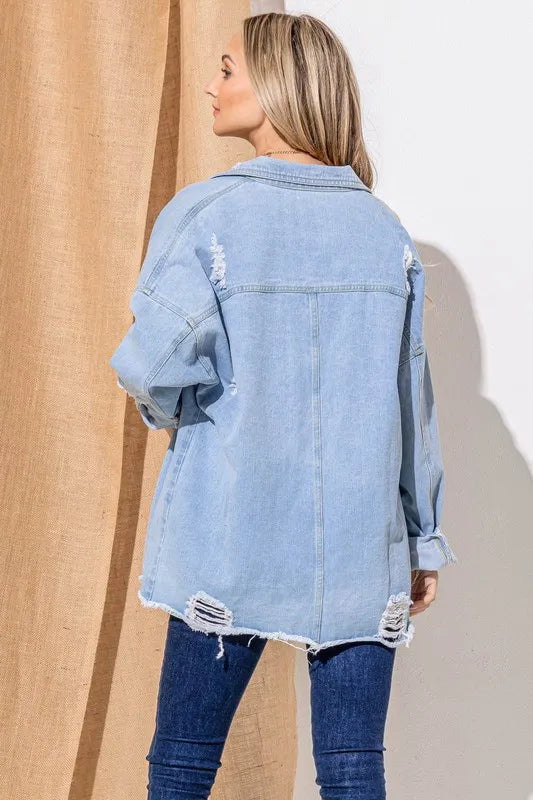 And The Why Button Front Flap Pocket Ripped Denim Jacket - Brittney MADE