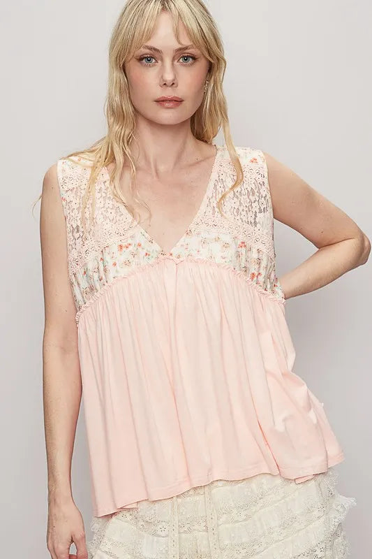 POL Lace Detail Frill Floral V-Neck Sleeveless Top - Brittney MADE