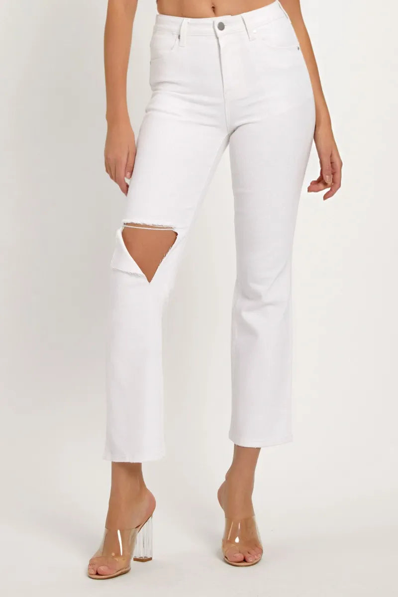 RISEN Full Size Distressed Cropped Straight Jeans - Brittney MADE