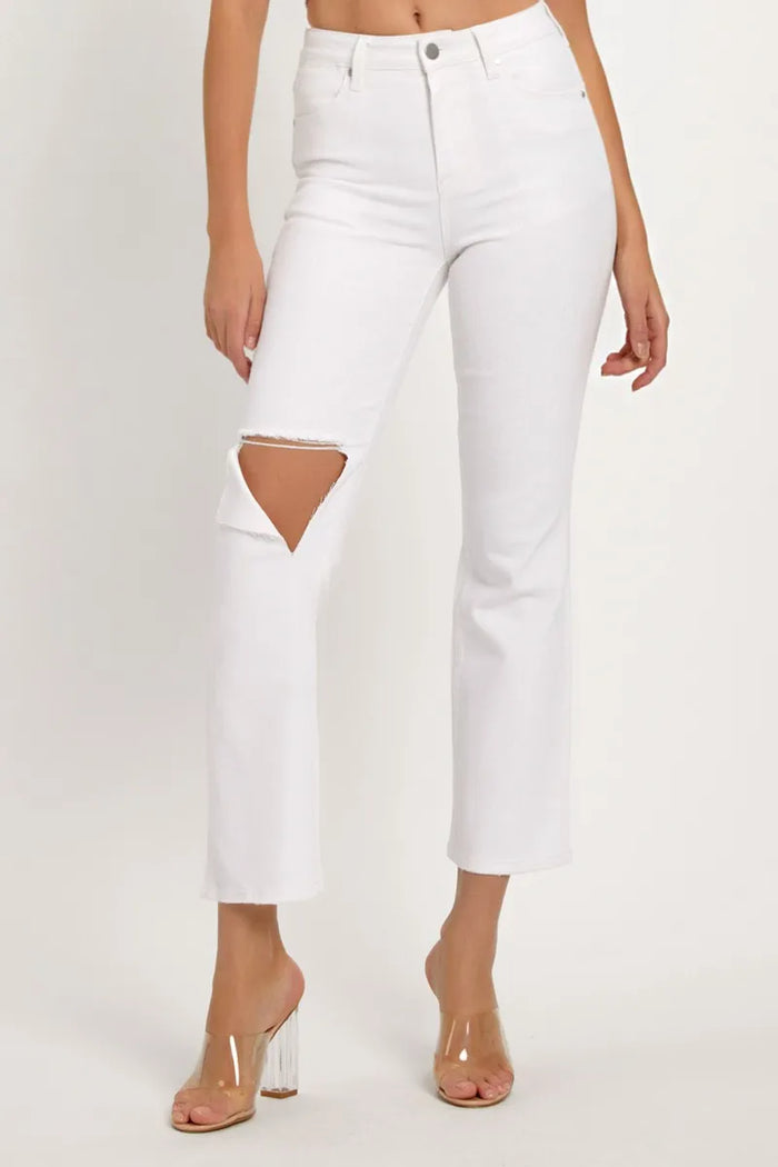 RISEN Full Size Distressed Cropped Straight Jeans - Brittney MADE