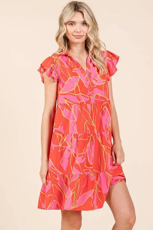 Mittoshop Leaf Print Ruffle Sleeve Tiered Mini Dress - Brittney MADE