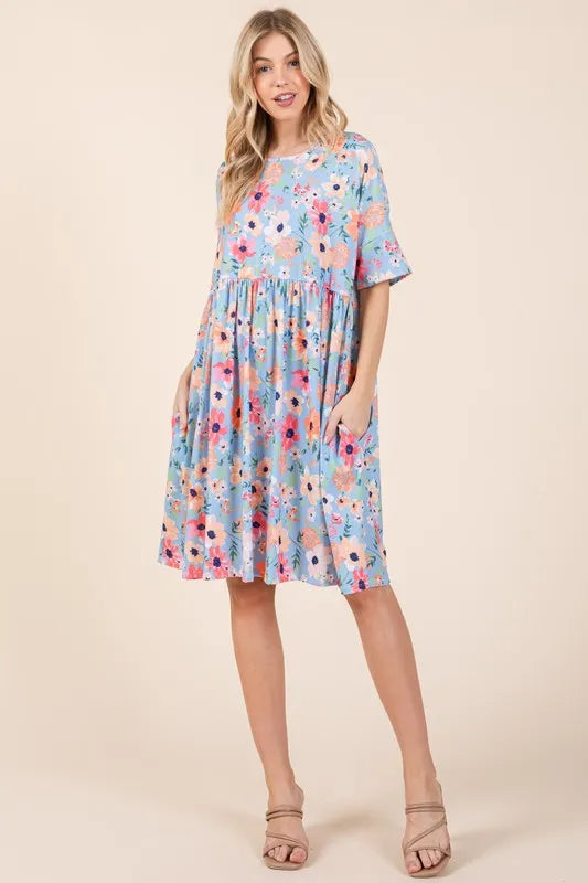 BOMBOM Floral Shirred Dress with Pockets - Brittney MADE