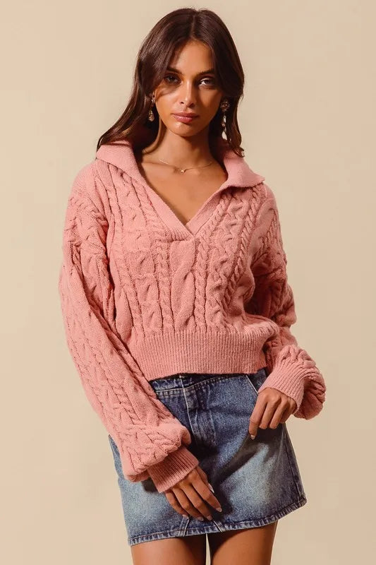 SO ME Cable Knit Deep V Neck Crop Swetaer Top - Brittney MADE