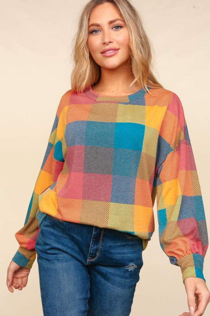 Haptics Round Neck Color Block Plaid Top - Brittney MADE