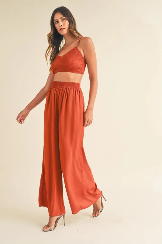 MABLE Smocked Bralette Crop Top and Wide Leg Pants Set - Brittney MADE