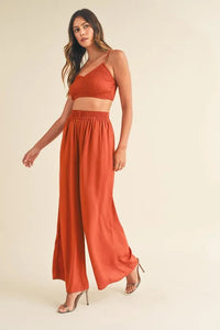 MABLE Smocked Bralette Crop Top and Wide Leg Pants Set - Brittney MADE