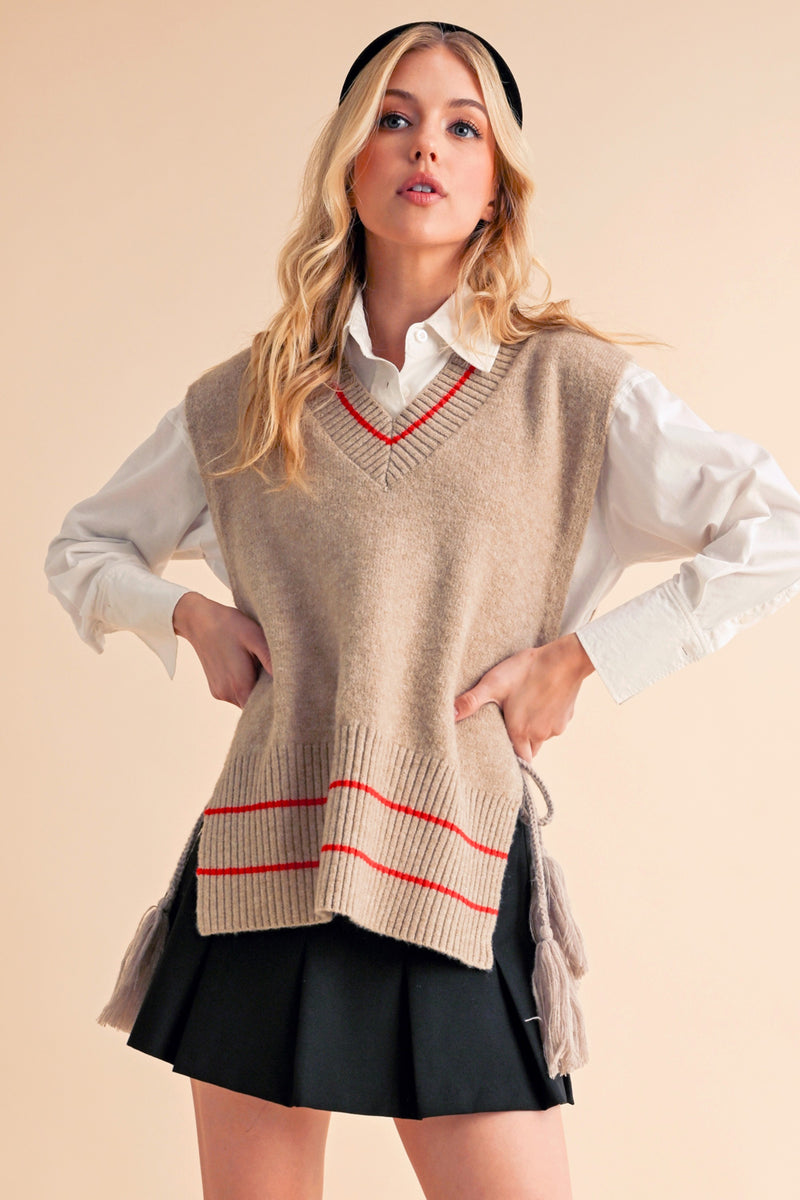 Aemi + Co Ribbed V-Neck Sweater Vest with Tassel - Brittney MADE