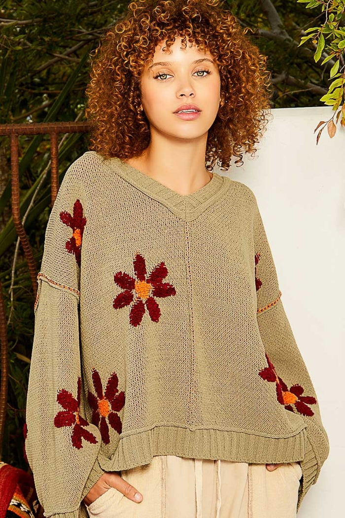 POL V-Neck Floral Pattern Chenille Sweater - Brittney MADE