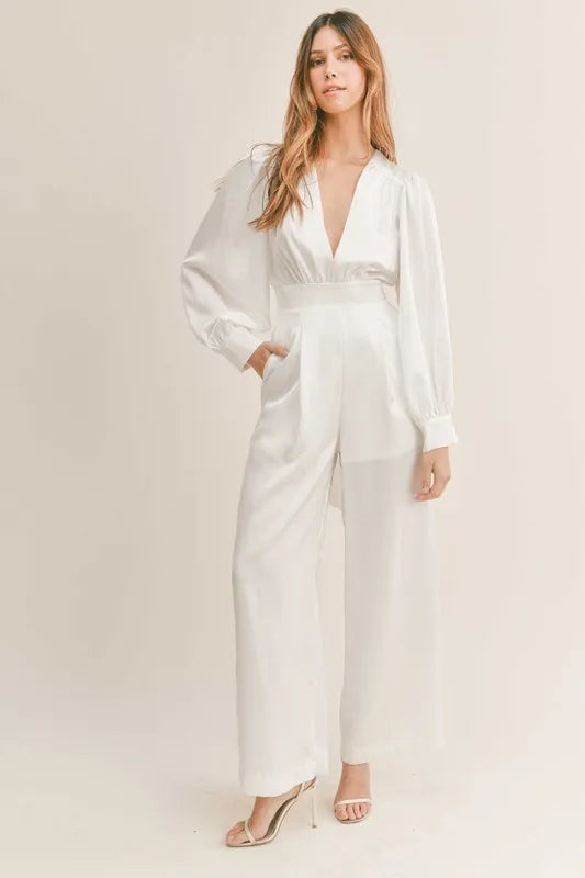 MABLE Long Sleeve Deep V Neck Satin Jumpsuit - Brittney MADE