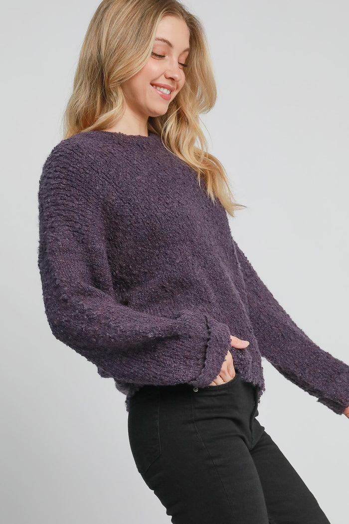 Umgee Full Size Round Neck Long Sleeve Boucle Sweater Plus Size - Brittney MADE