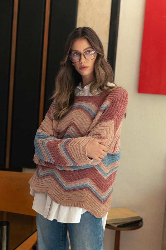 Annie Wear Multi Color Zig-Zag Round Neck Sweater - Brittney MADE