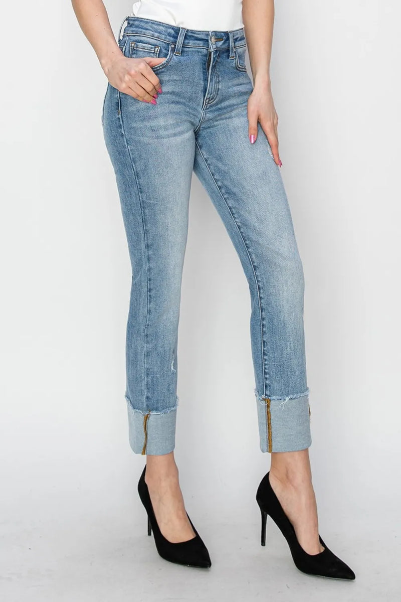 RISEN Full Size High Rise Cuffed Slim Straight Jeans - Brittney MADE
