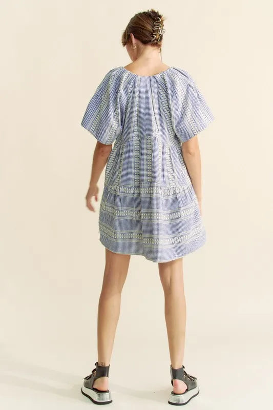 Davi & Dani Embroidered Stripe Ruffled Gingham Mini Dress - Brittney MADE