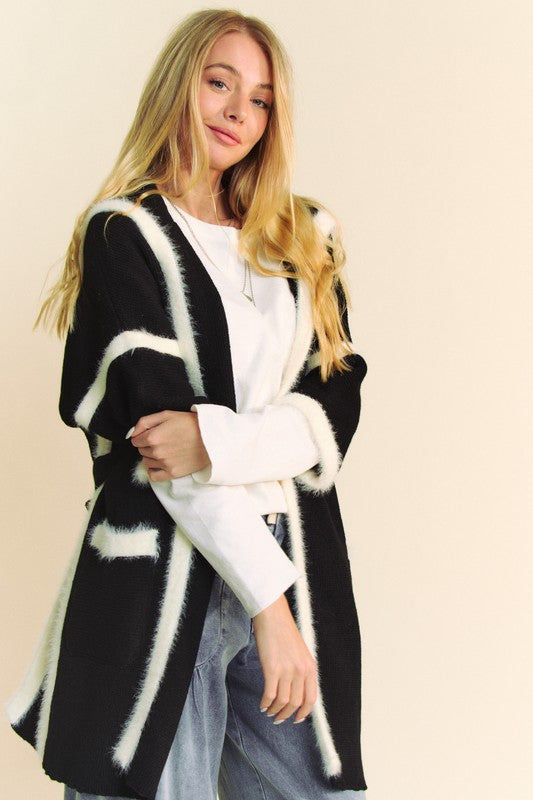 Davi & Dani Fuzzy Trim Open Front Loose Fit Cardigan - Brittney MADE