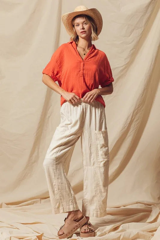 SO ME Cotton Linen Textured Woven Slouchy Wide Leg Pants - Brittney MADE