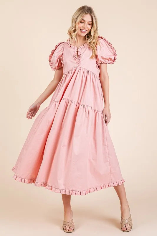 GeeGee Ruffle Trim Puff Sleeve Tiered Babydoll Midi Dress - Brittney MADE